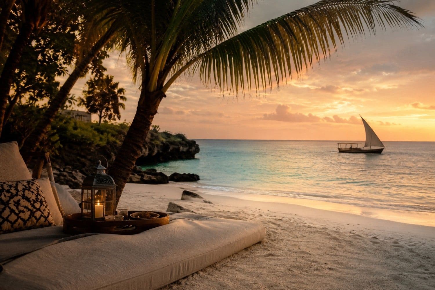 Tropical beach at sunset with palm trees and a dhow on the water
