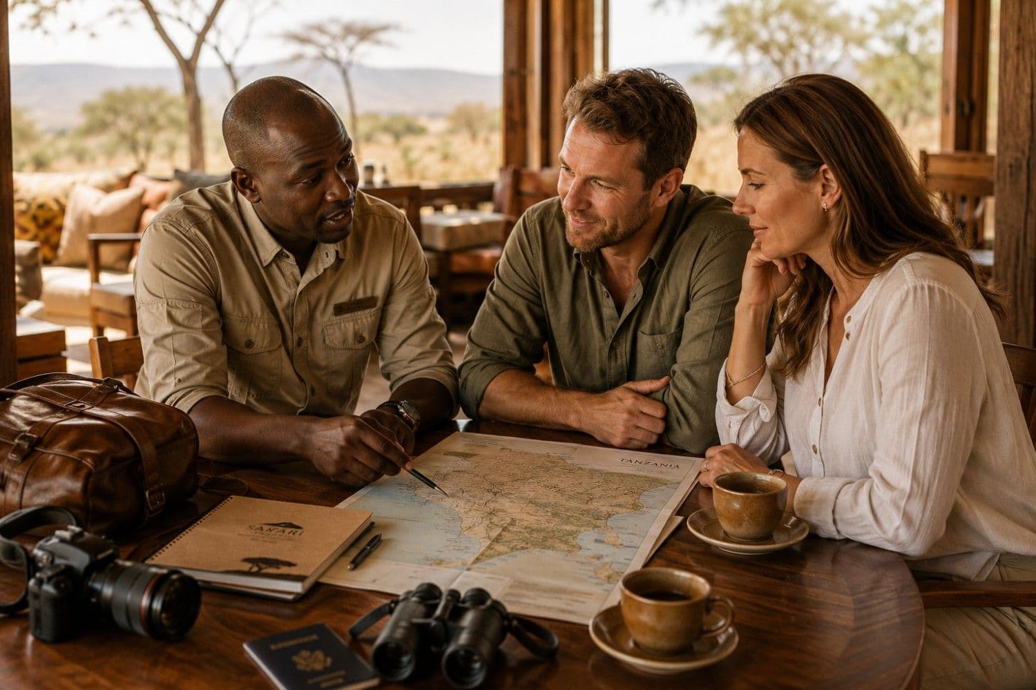 Safari guide planning a Tanzania itinerary with guests at a lodge
